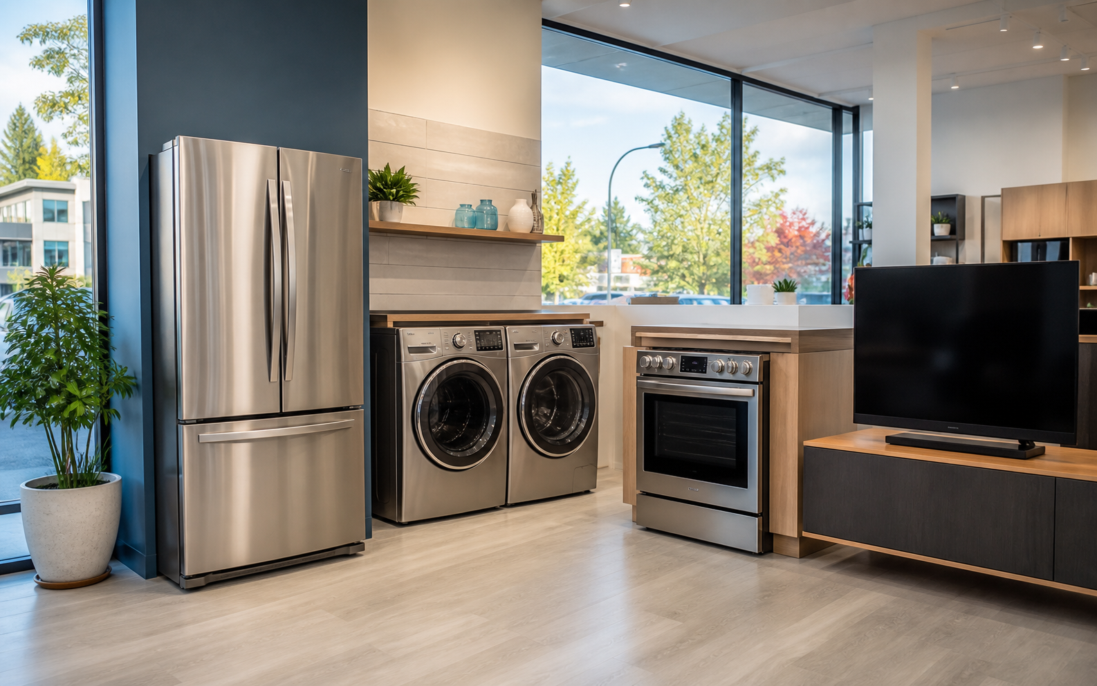 A display with a refrigerator, washer and dryer, range, and television